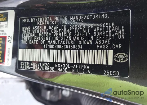 2012 Toyota Avalon Limited z USA, uszkodzony, nr VIN 4T1BK3DB8CU458894